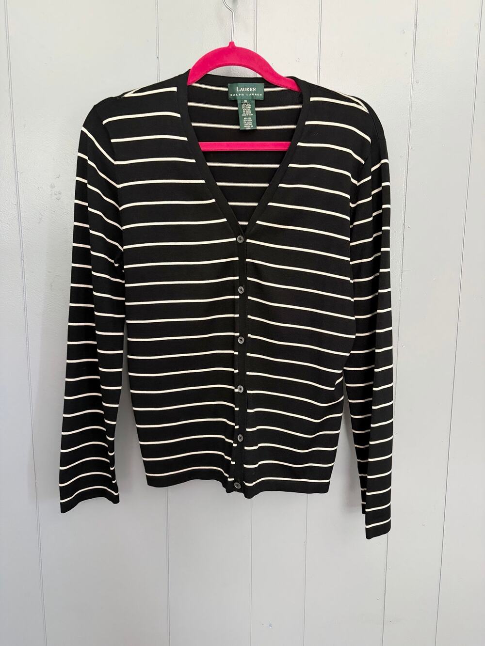 Lauren Ralph Lauren Black Striped Silk Blend V-neck Classic Cardigan XL